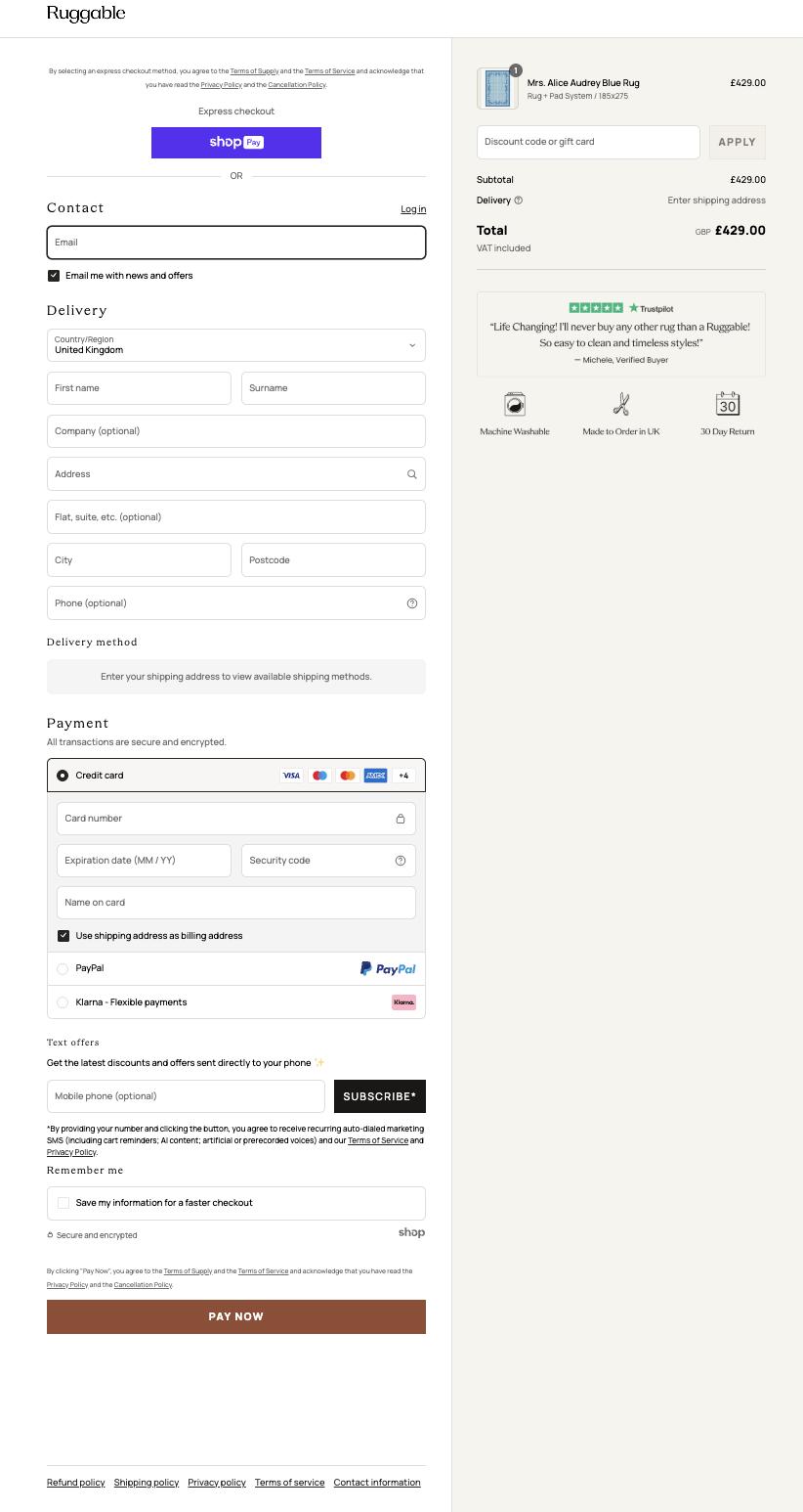Ruggable 单页结账流程示意图