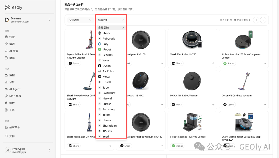 Dreame 海外多品类 AI 可见度数据图 2