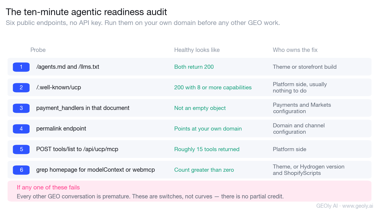 The ten-minute agentic readiness audit: six public endpoints, what healthy looks like for each, and who owns the fix.