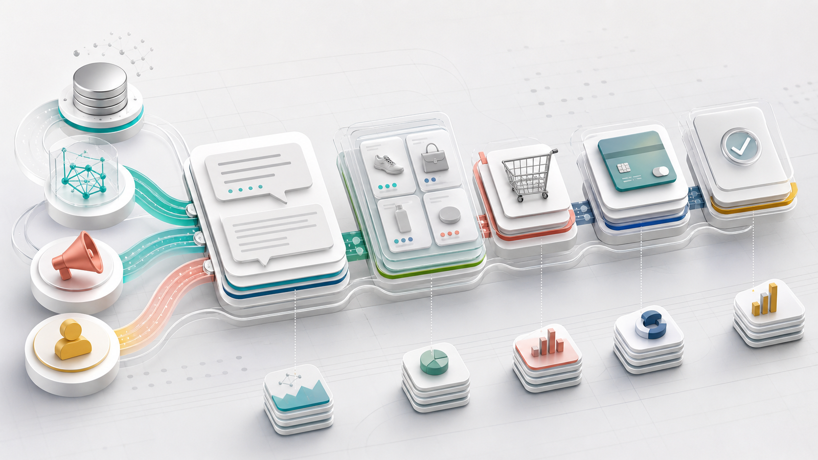 Editorial illustration of connected AI search, product discovery, checkout, payment, and attribution layers