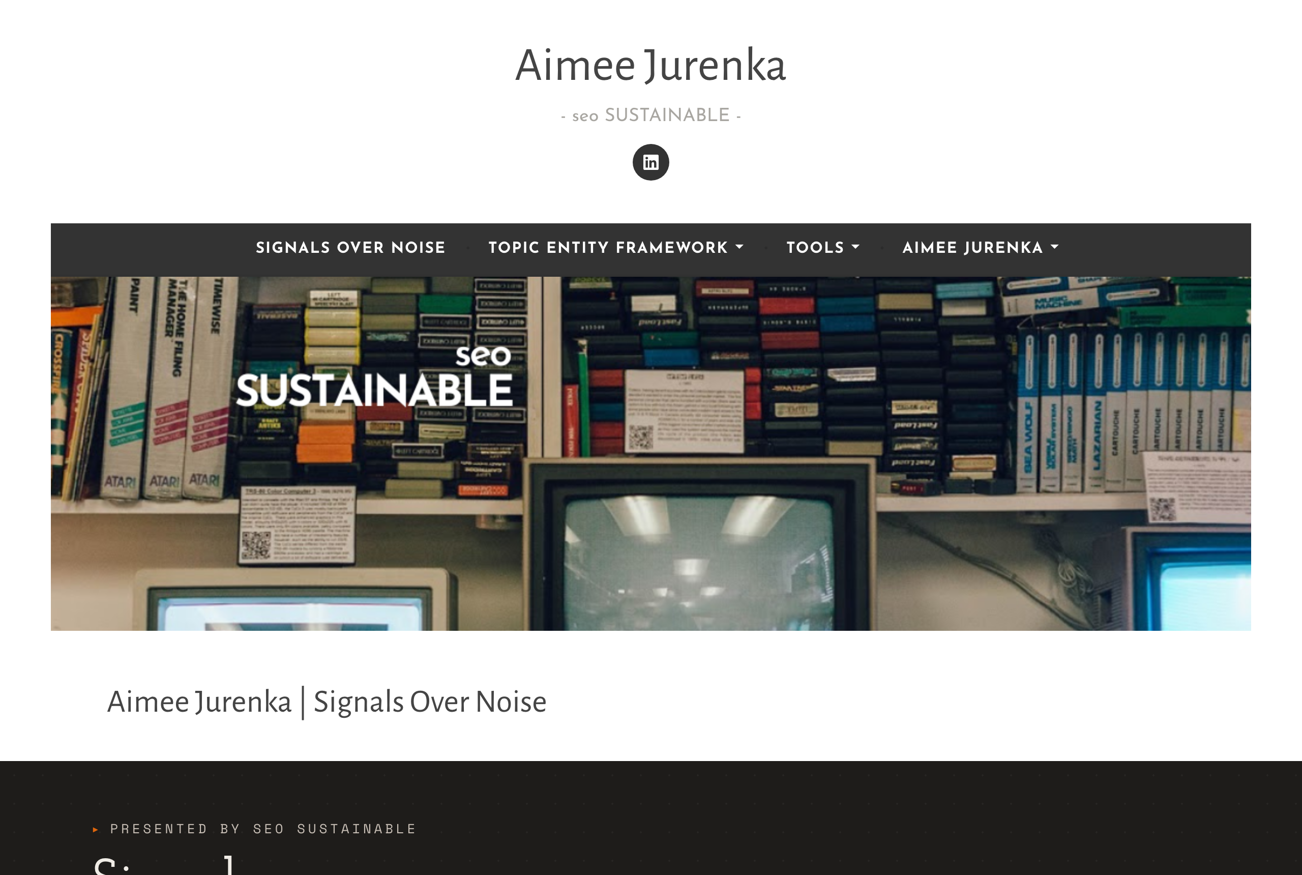 Aimee Jurenka's site aimeejurenka.com — SEO & AI Visibility Strategist, RicketyRoo · Founder, SEO Sustainable · Entity SEO — source: aimeejurenka.com