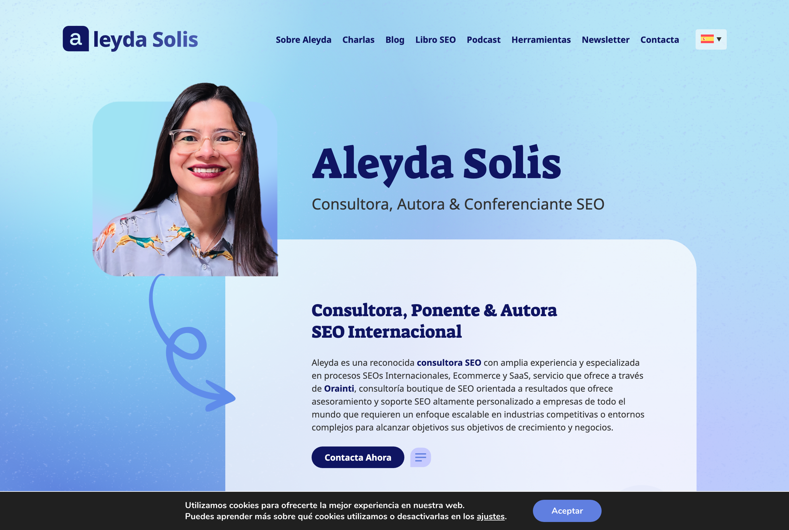 Aleyda Solis's site aleydasolis.com — Founder, Orainti · Host of Crawling Mondays — source: aleydasolis.com