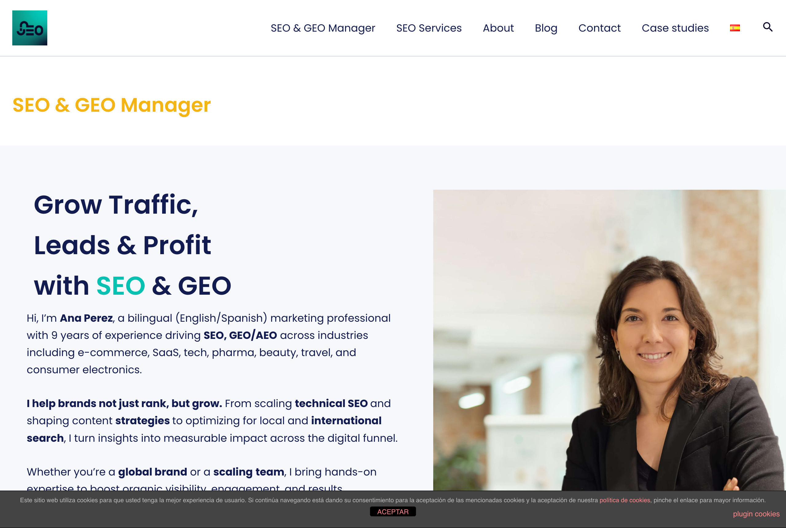 Ana Perez's site anaperezbotella.com — SEO Manager · Technical SEO, GEO & AI Search — source: anaperezbotella.com