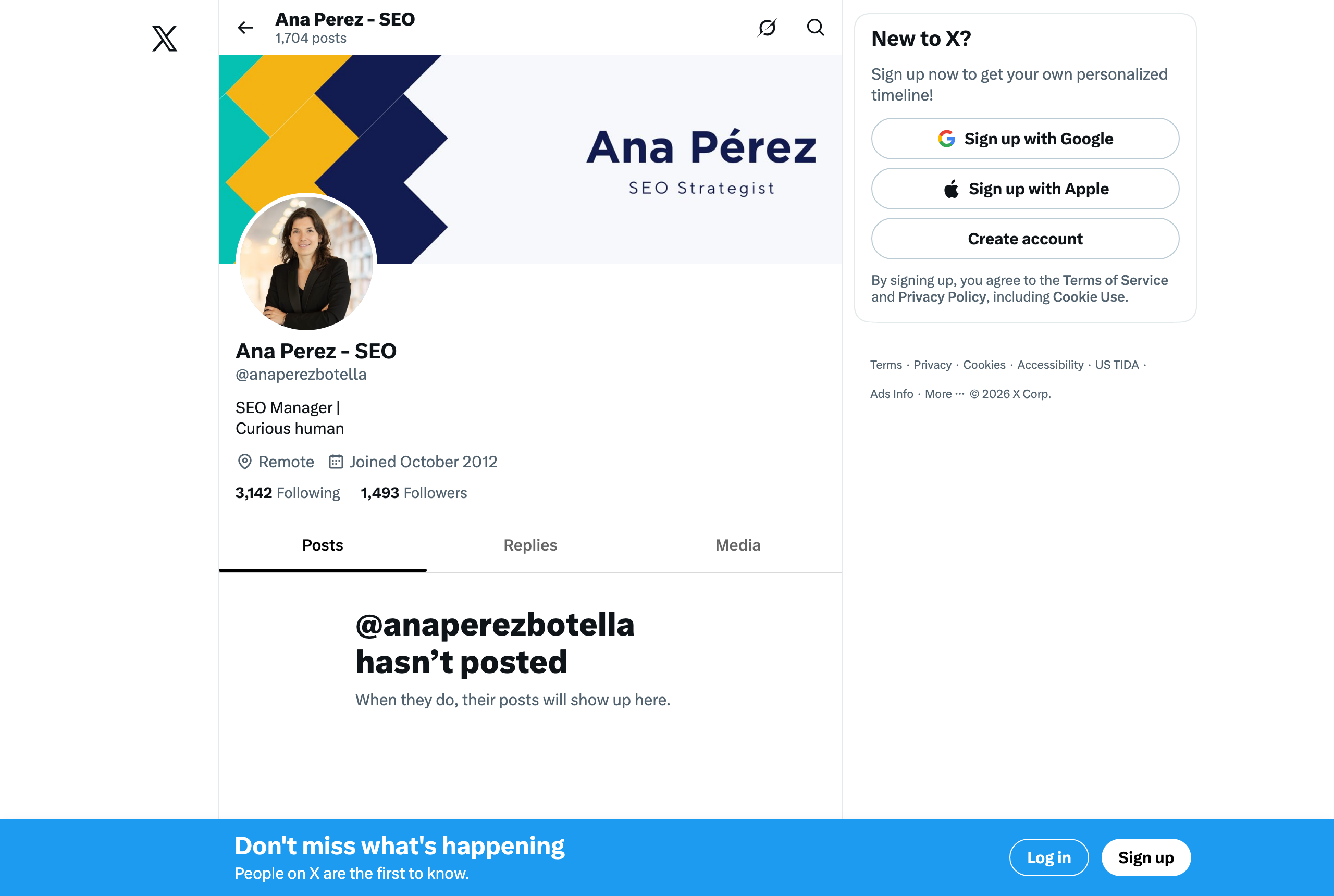 Ana Perez's X profile @anaperezbotella — GEO/AEO expert followed in GEOly's Expert Watch — source: x.com