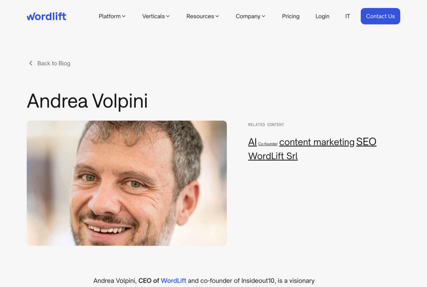 Andrea Volpini 的官网 wordlift.io 截图——WordLift CEO · 知识图谱与语义 SEO——来源:wordlift.io
