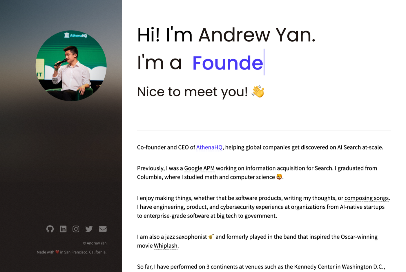 Andrew Yan 的官网 athenahq.ai 截图——AthenaHQ 联合创始人 · 生成式引擎优化——来源：athenahq.ai