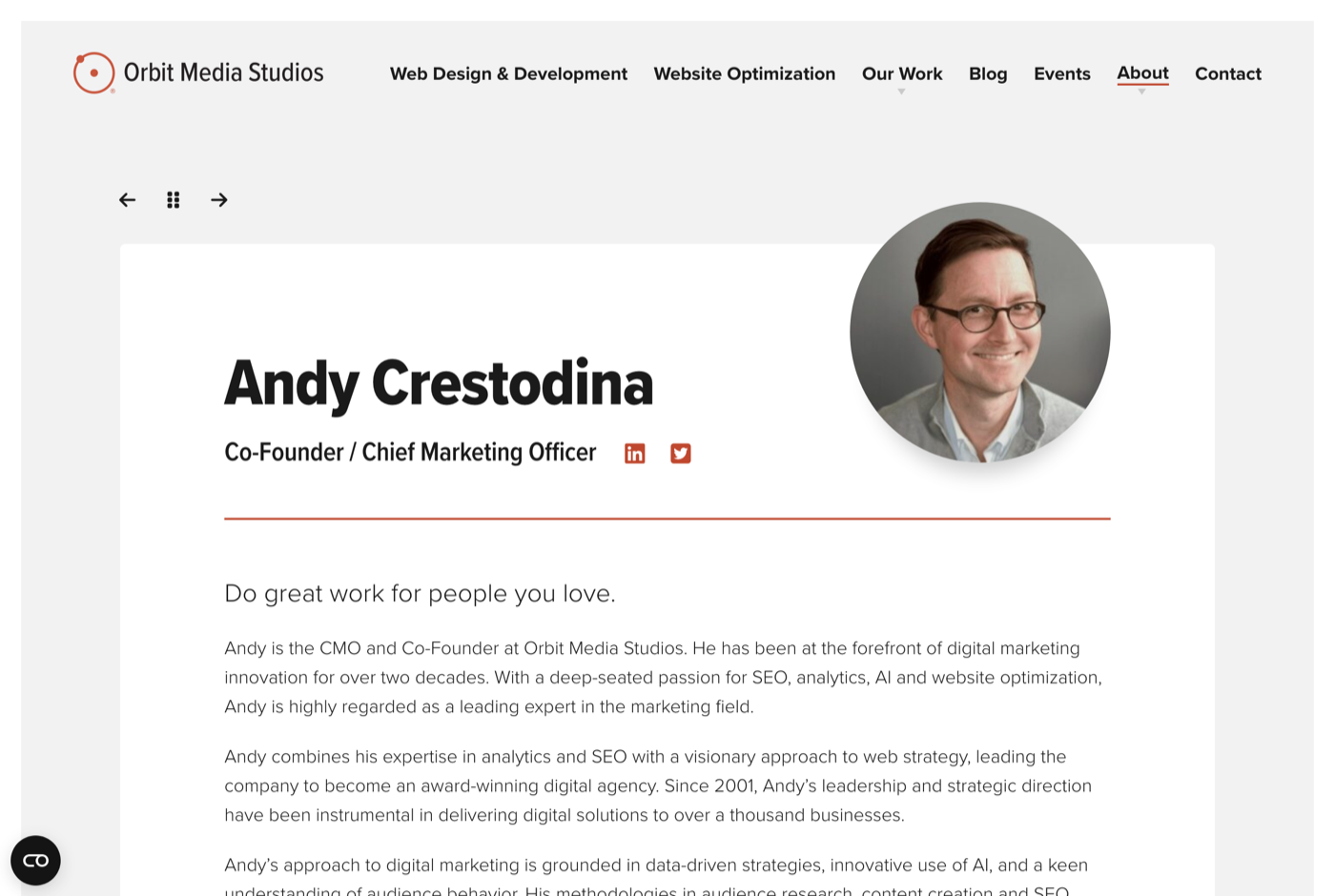 Andy Crestodina 的官网 orbitmedia.com 截图——Orbit Media 联合创始人兼 CMO · 内容营销与原创研究——来源:orbitmedia.com