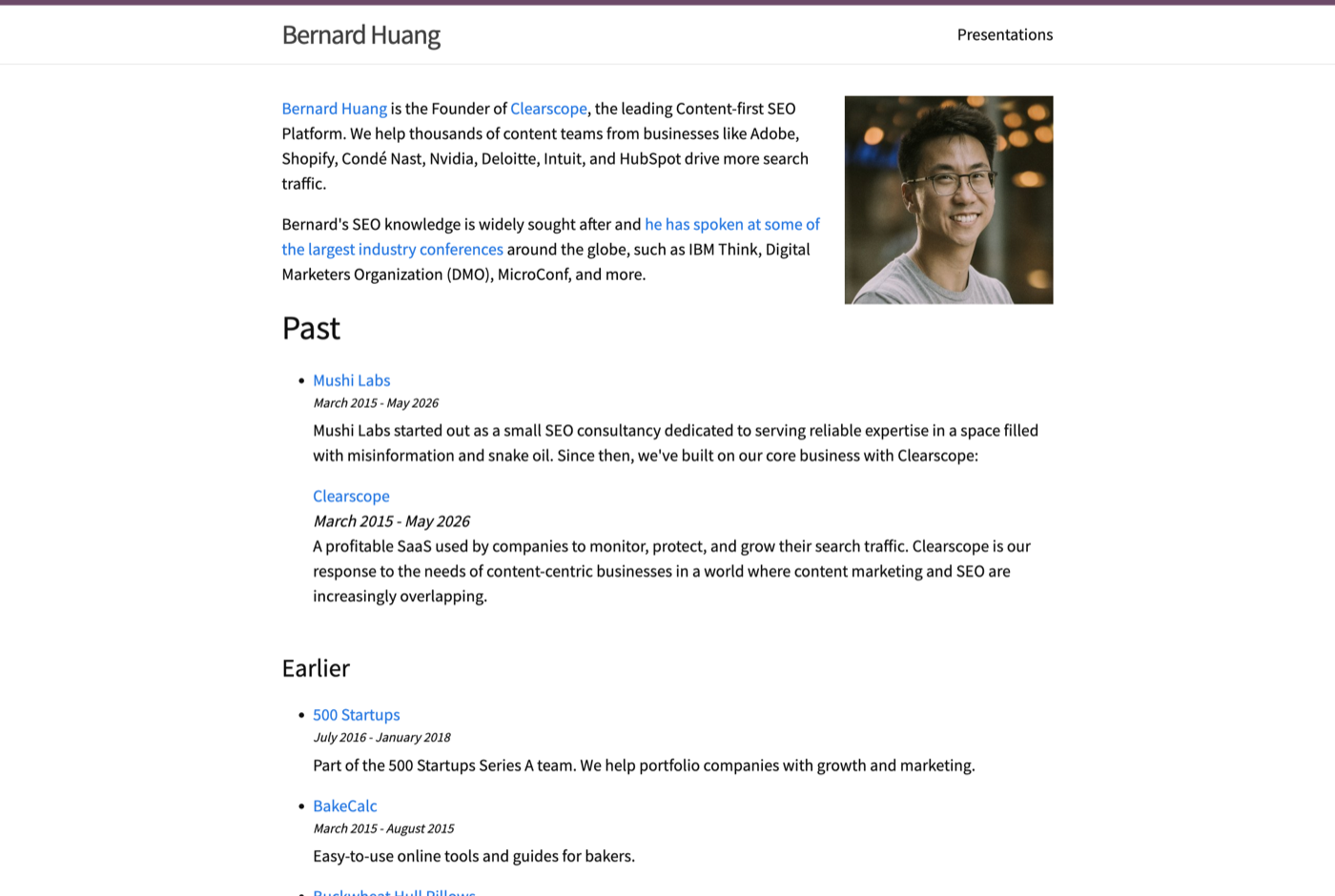Bernard Huang 的官网 bernardjhuang.com 截图——Clearscope 联合创始人 · 内容优化与主题权威——来源：bernardjhuang.com