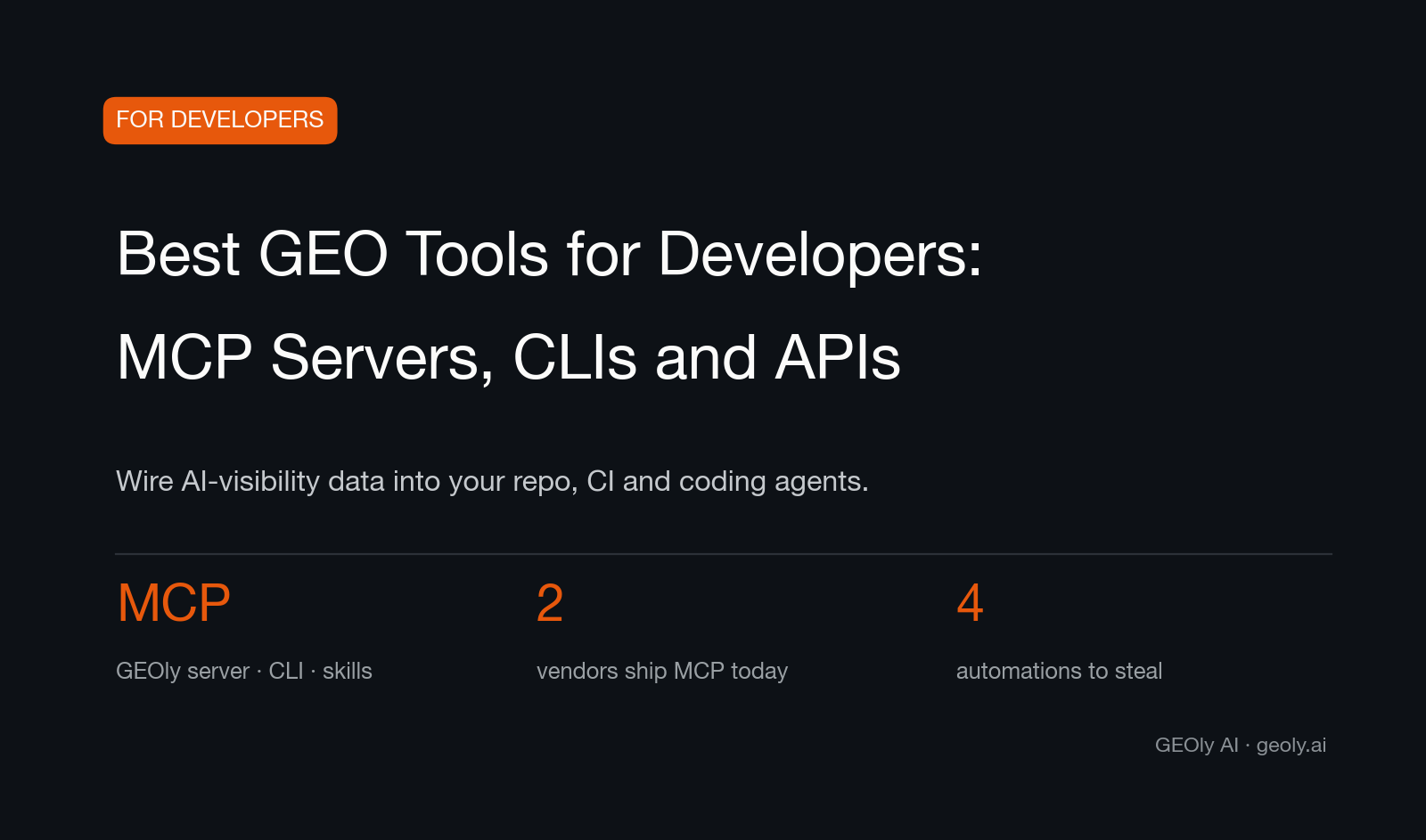 Cover for the developer-focused guide to the best GEO tools with MCP servers, CLIs and APIs — Source: GEOly AI (geoly.ai)