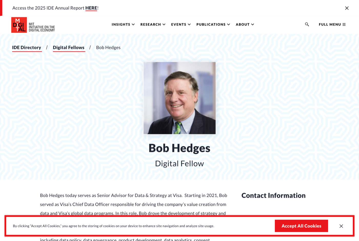 Bob Hedges 的官网 ide.mit.edu 截图——MIT IDE 数字研究员 · 前 Visa 首席数字官——来源：ide.mit.edu