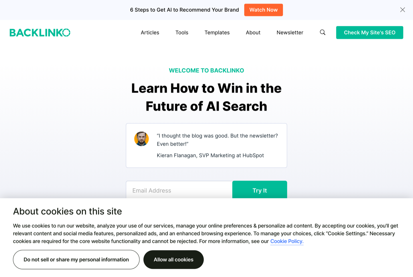 Brian Dean 的官网 backlinko.com 截图——Backlinko 创始人 · Exploding Topics 联合创始人 · SEO 教育——来源:backlinko.com