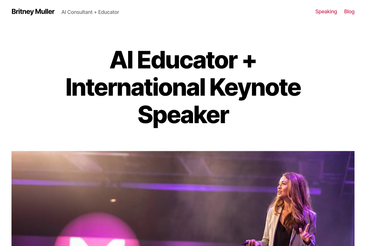 Britney Muller 的官网 britneymuller.com 截图——AI 教育者、Orange Labs 创始人 · 面向营销人的机器学习素养——来源:britneymuller.com