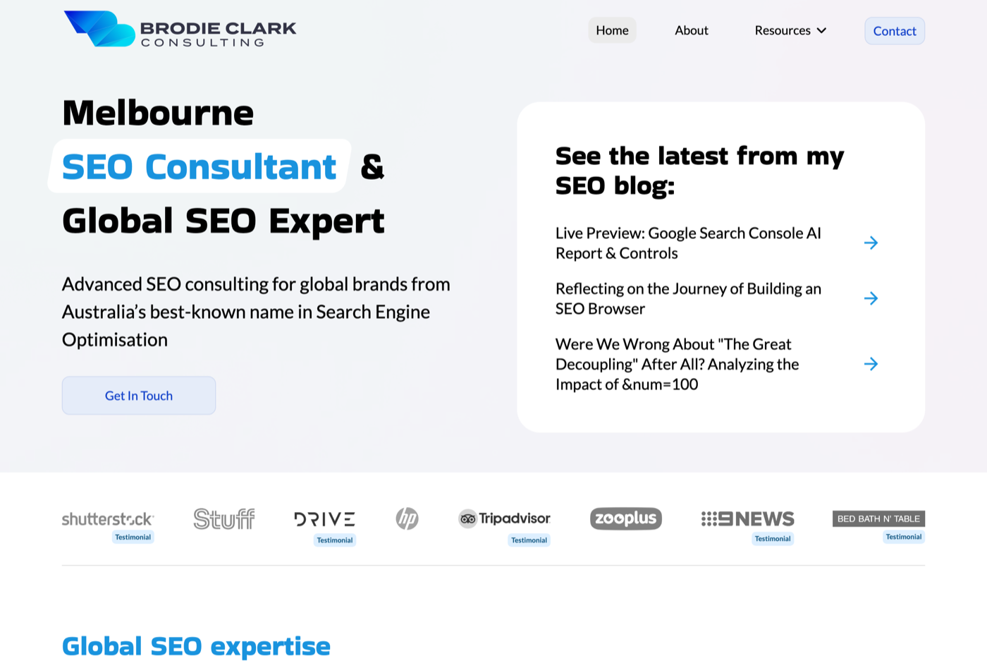 Brodie Clark 的官网 brodieclark.com 截图——SEO 顾问 · SERP 特性追踪——来源：brodieclark.com