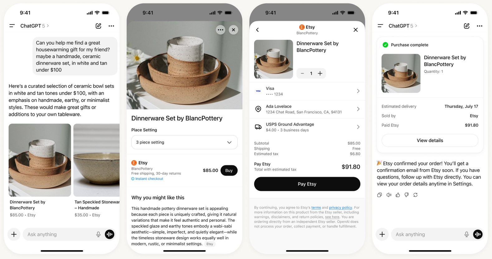 对话内 agentic 结账:ChatGPT 端到端完成一次 Etsy 购买 —— 来源:geoly.ai
