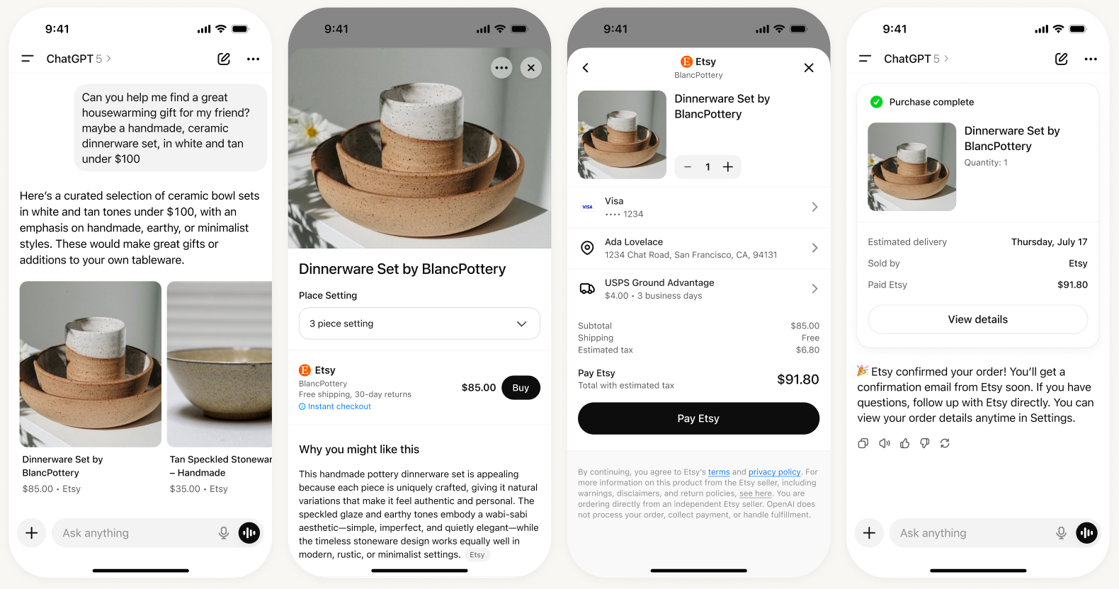In-chat agentic checkout: ChatGPT completing an Etsy purchase end to end — source: geoly.ai