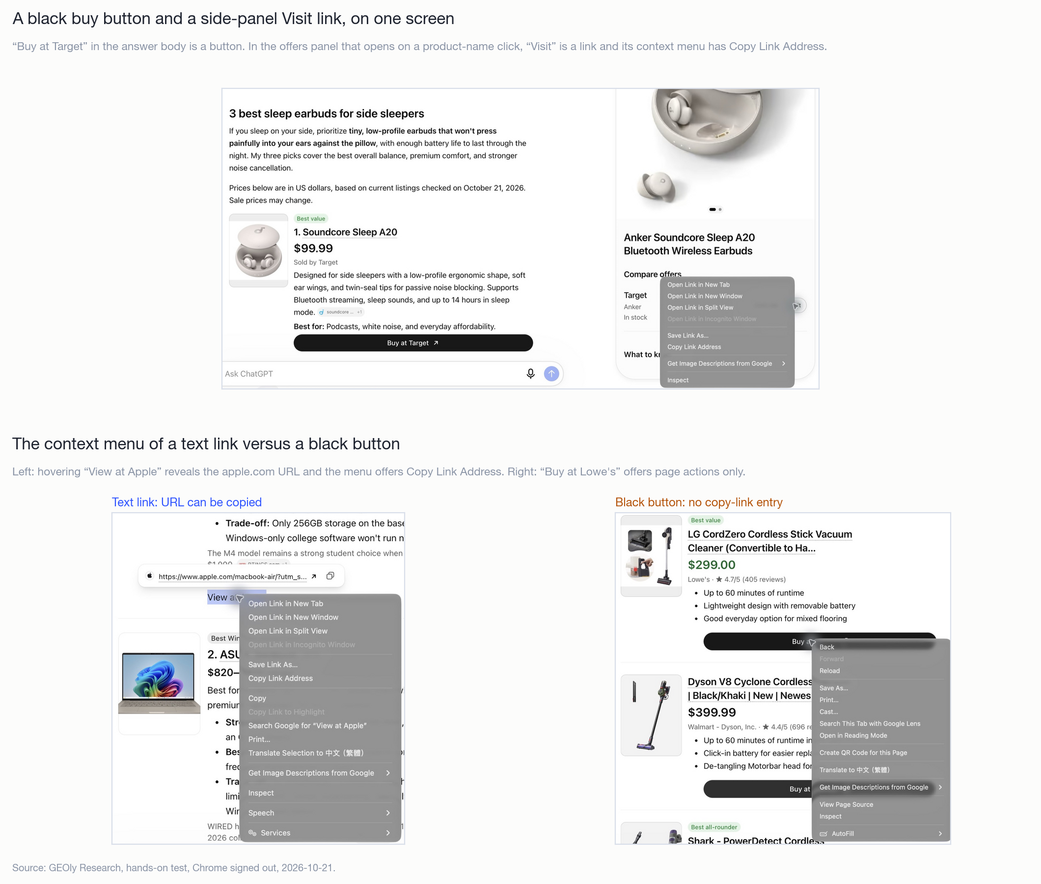 A black buy button is not a hyperlink: context menus for a text buy link versus a ChatGPT buy button.