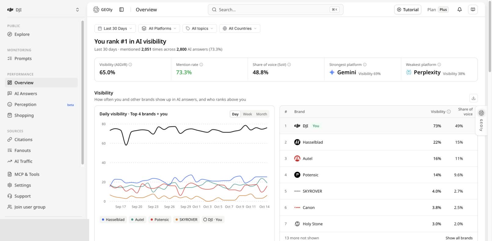 GEOly Overview with platform filter and brand performance
