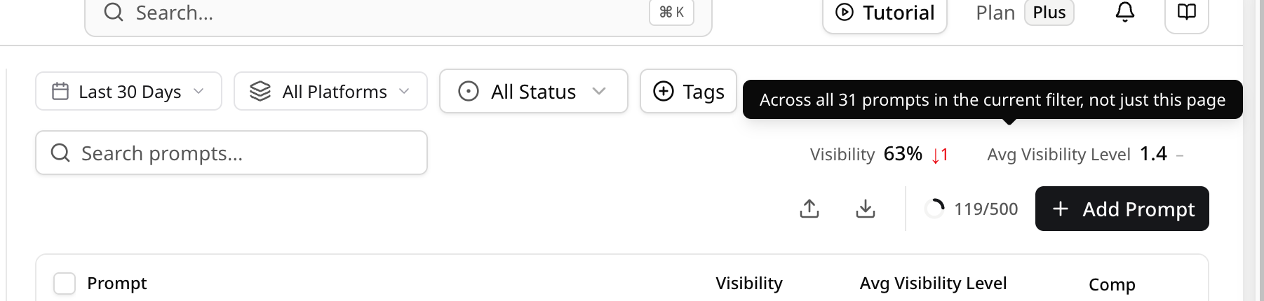 GEOly Prompt 列表额度提示(当前筛选范围)