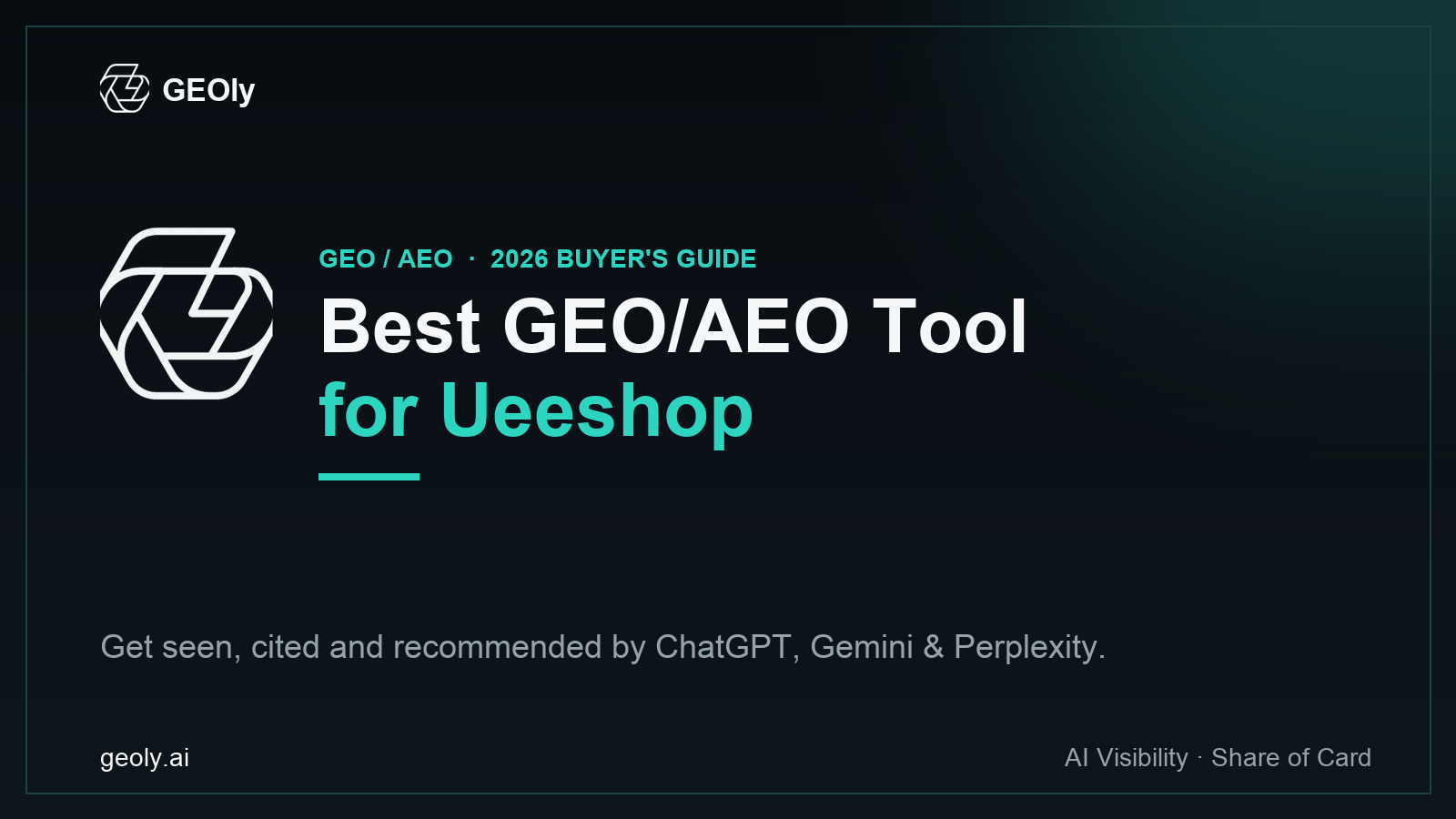 GEOly AI — best GEO/AEO tool for Ueeshop brands (2026 buyer's guide cover with GEOly logo)