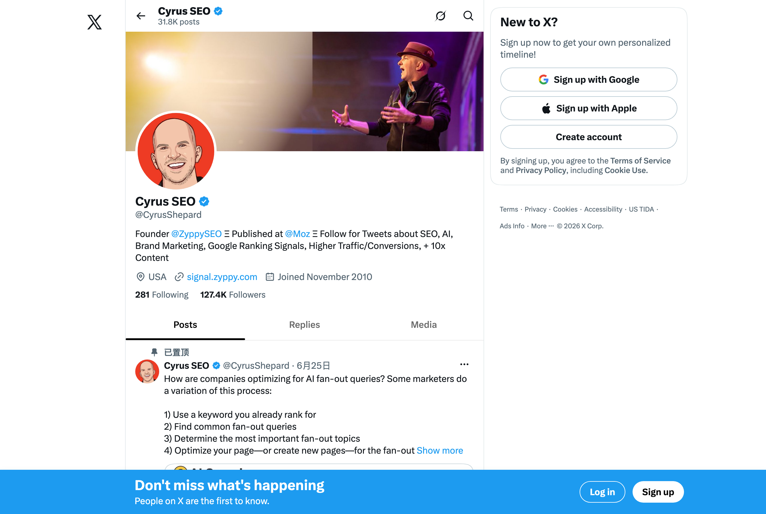 Cyrus Shepard's X profile @CyrusShepard — GEO/AEO expert followed in GEOly's Expert Watch — source: x.com