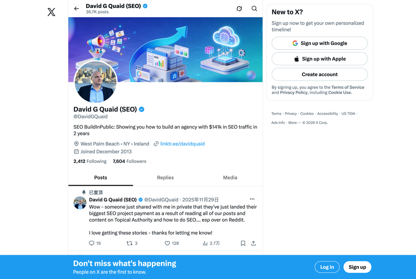 David Quaid 的 X 主页 @DavidGQuaid——GEOly 专家观察收录的 GEO/AEO 专家——来源:x.com