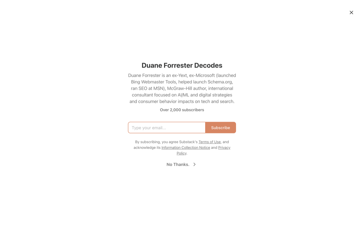 Duane Forrester 的官网 duaneforresterdecodes.substack.com 截图——前 Bing / Yext 高管 · AI 搜索战略——来源:duaneforresterdecodes.substack.com