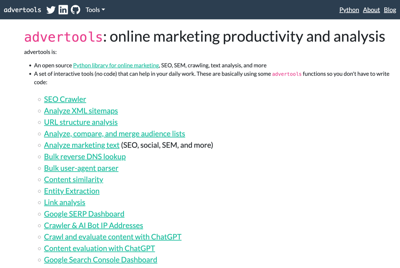 Elias Dabbas 的官网 adver.tools 截图——advertools 作者 · SEO 数据科学与自动化——来源:adver.tools