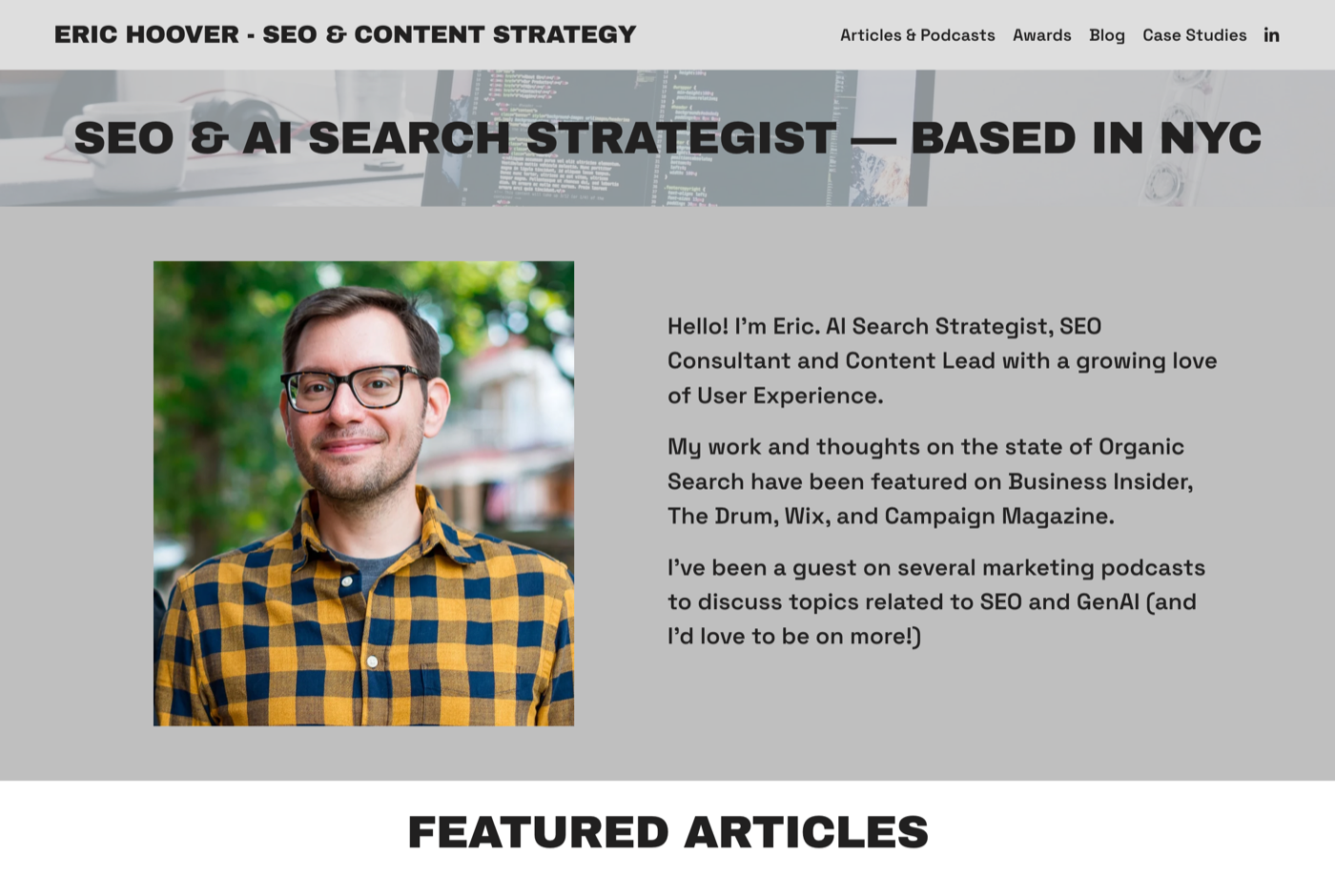 Eric Hoover 的官网 erichooverdigital.com 截图——SEO 与内容策略专家 · AEO 与 AI 搜索——来源：erichooverdigital.com