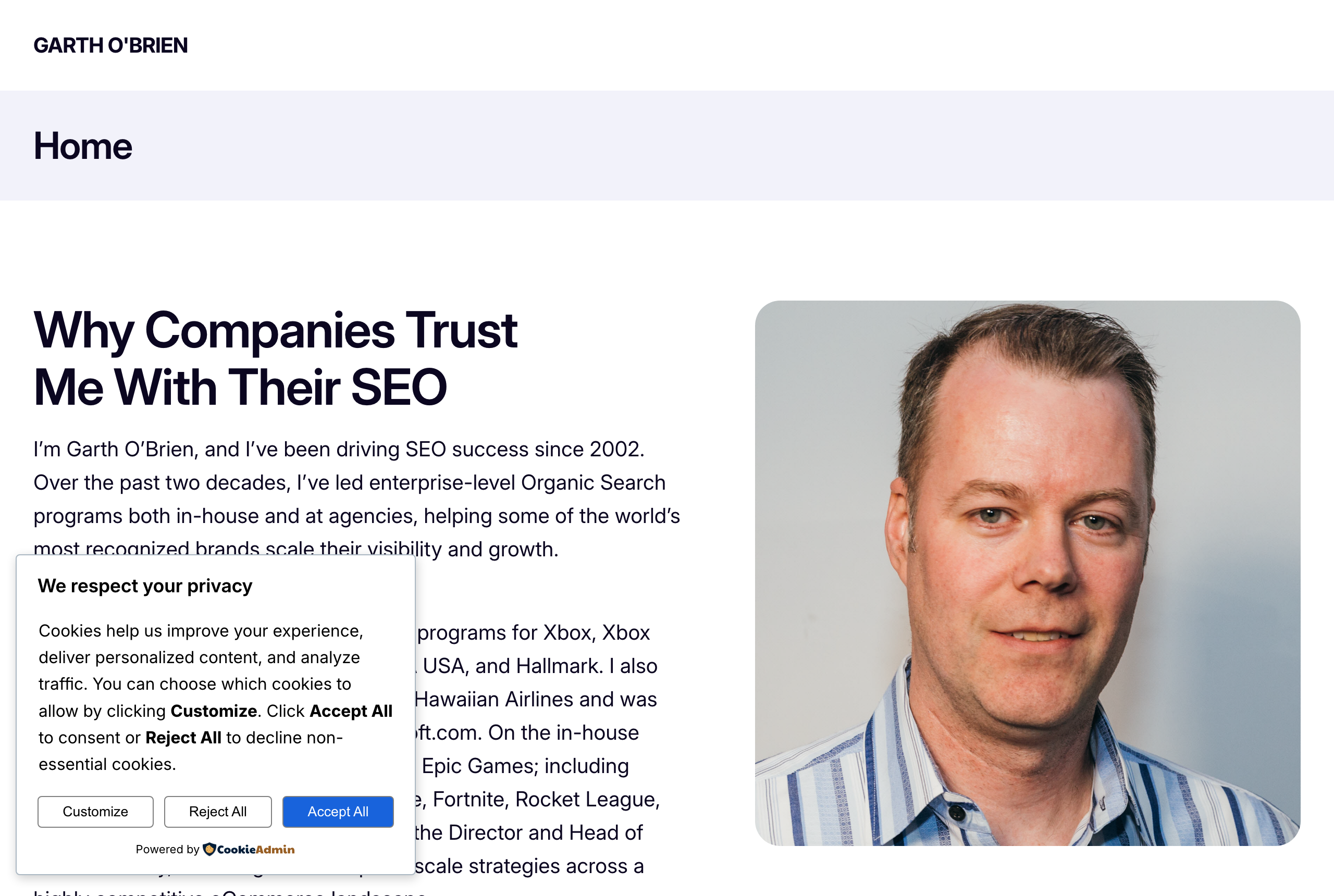 Garth O'Brien's site garthobrien.com — Director & Head of SEO, Chewy · Enterprise Ecommerce — source: garthobrien.com