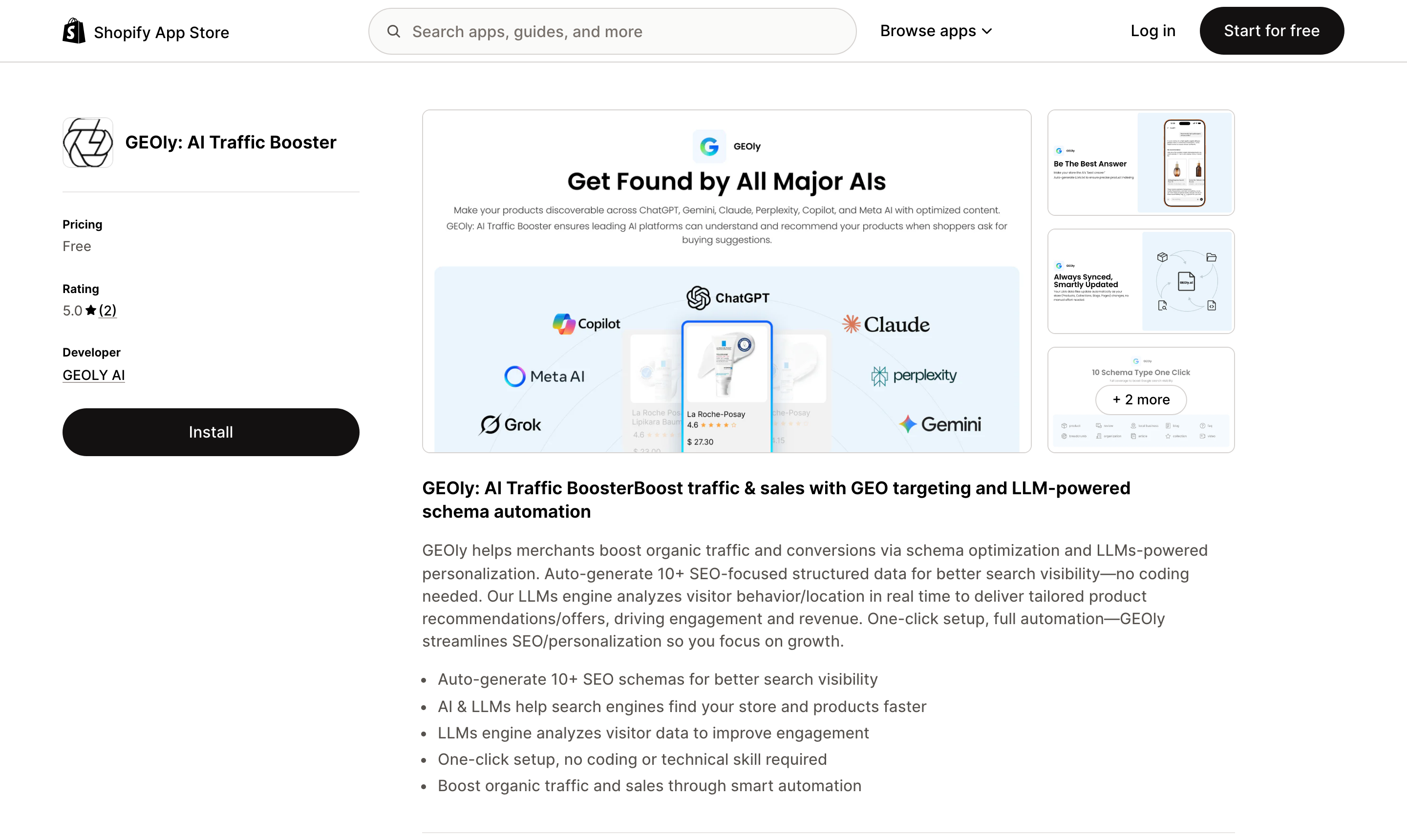 GEOly: AI Traffic Booster — the free GEO/AEO app for Shopify merchants on the Shopify App Store, rated 5.0 — Source: apps.shopify.com/geoly-ai
