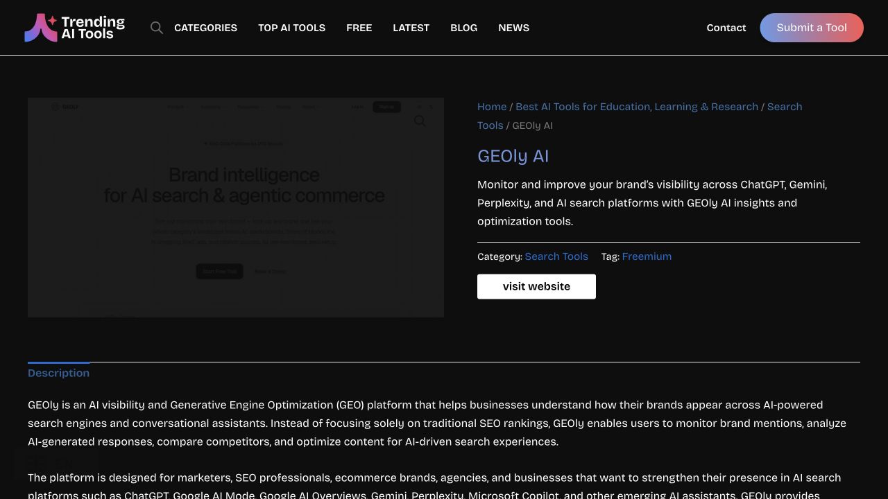 GEOly AI 在 Trending AI Tools 的收录页面,显示 Search Tools 分类与 Freemium 标签。