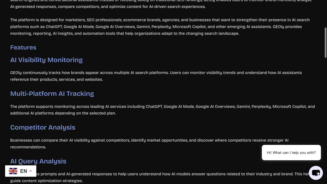 Von Trending AI Tools aufgeführte GEOly-AI-Funktionen wie KI-Sichtbarkeitsmonitoring, Multi-Plattform-Tracking und Wettbewerbsanalyse.
