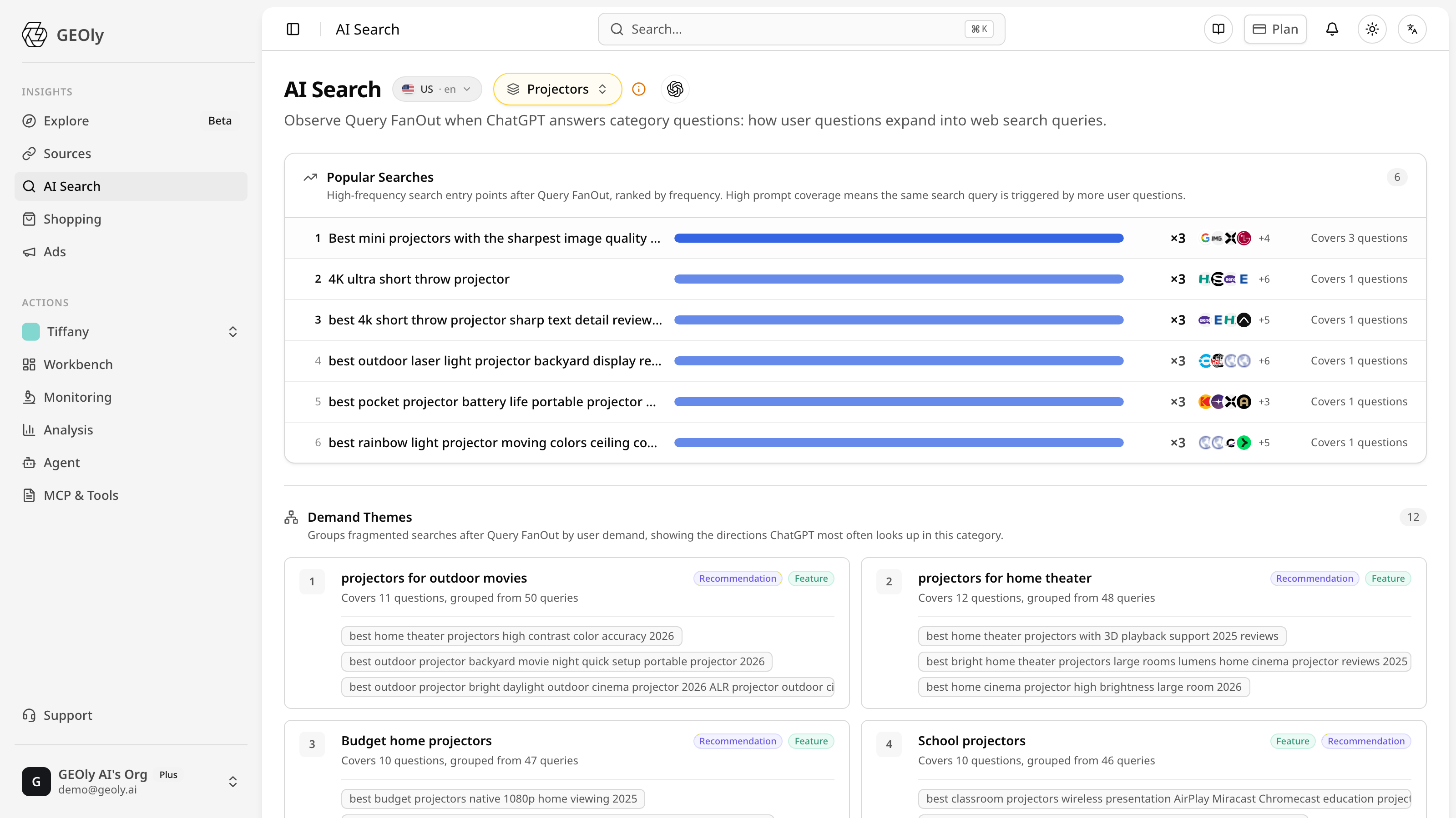 Query fan-out tracking: how ChatGPT expands buyer questions into web search queries, with popular searches and demand themes — Source: GEOly AI (app.geoly.ai)