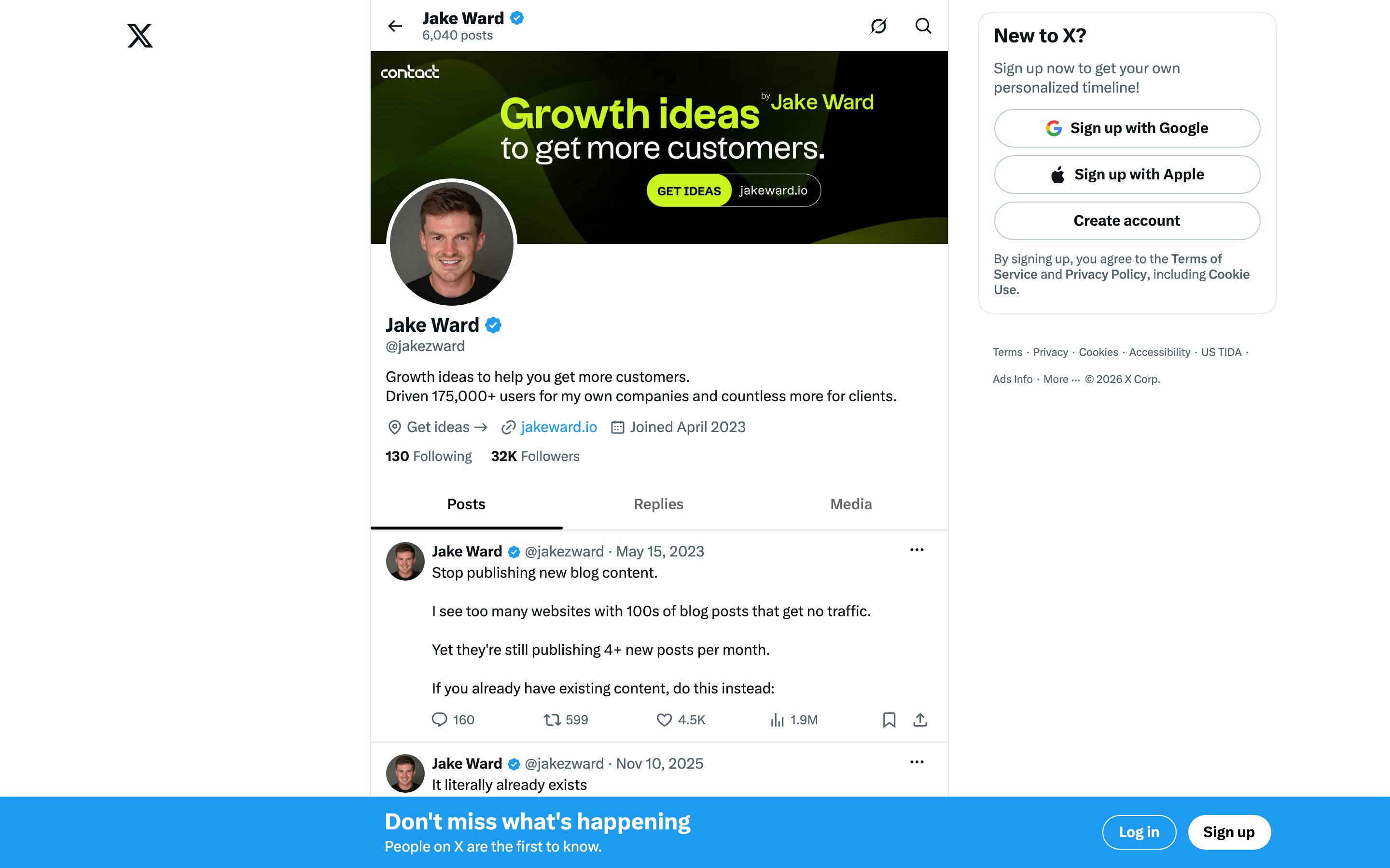 Jake Ward's X profile (@jakezward): 32K followers, banner 'Growth ideas to get more customers' — source: x.com/jakezward