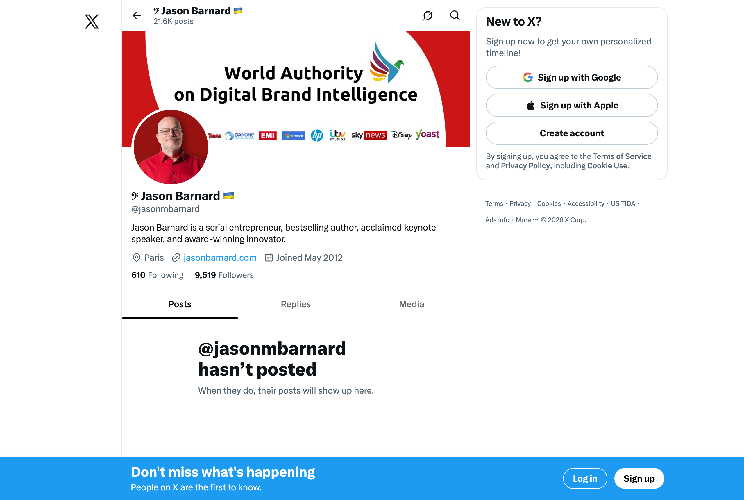 Jason Barnard's X profile @jasonmbarnard — GEO/AEO expert followed in GEOly's Expert Watch — source: x.com