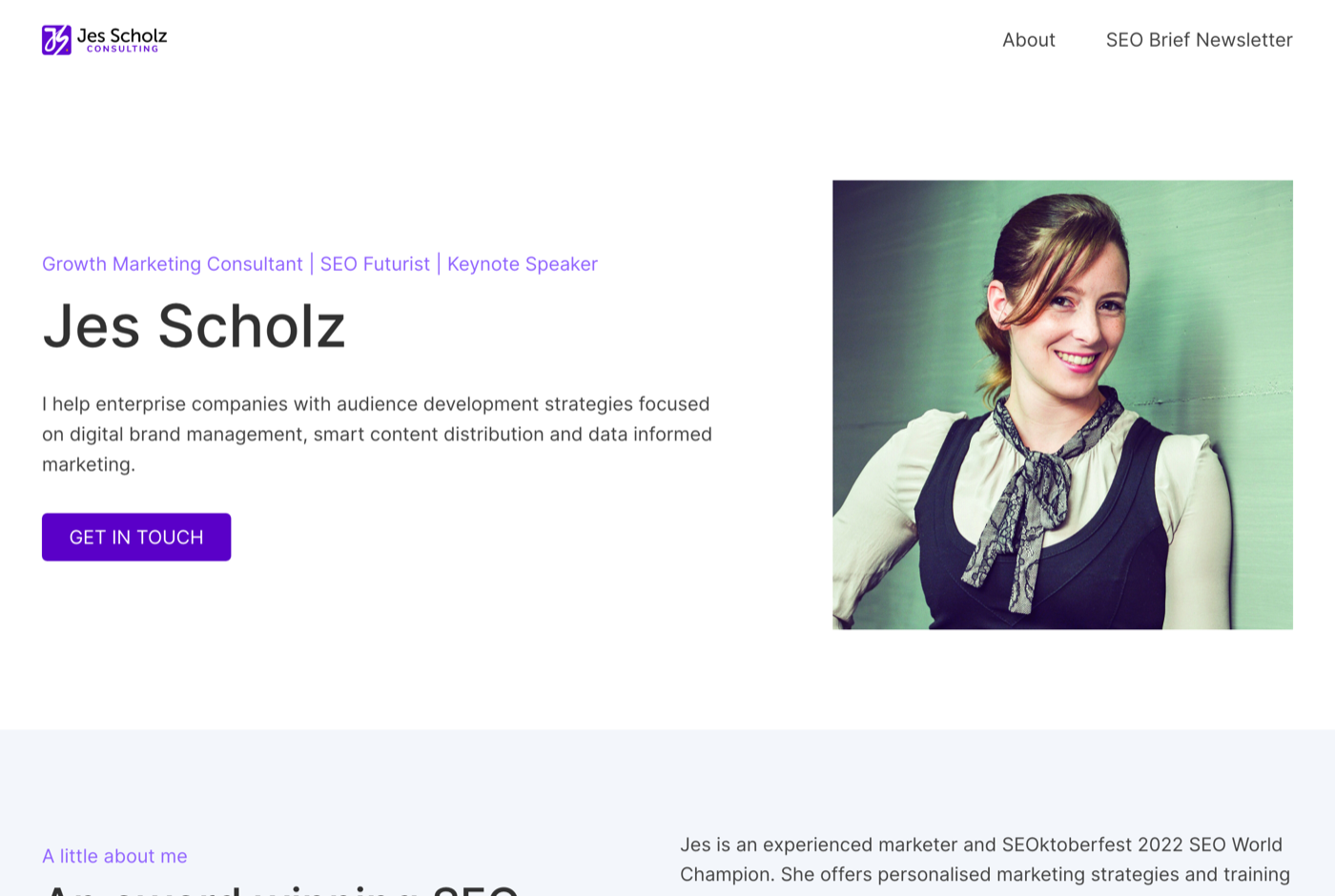 Jes Scholz 的官网 jesscholz.com 截图——独立 SEO 未来学家与增长顾问 · AI 搜索——来源:jesscholz.com