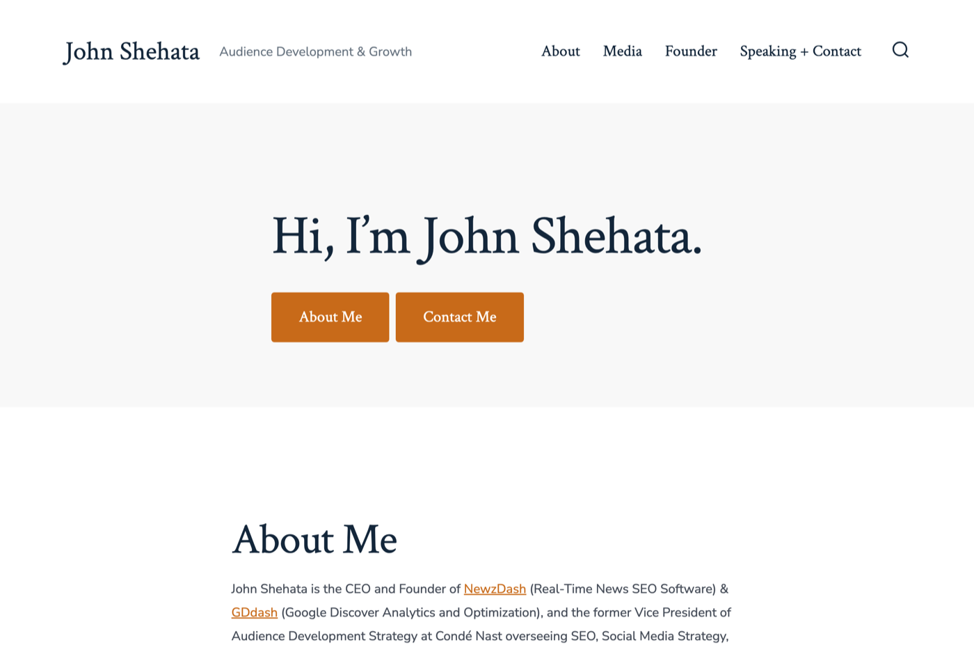 John Shehata 的官网 newzdash.com 截图——NewzDash 创始人兼 CEO · 新闻与出版商 SEO——来源:newzdash.com