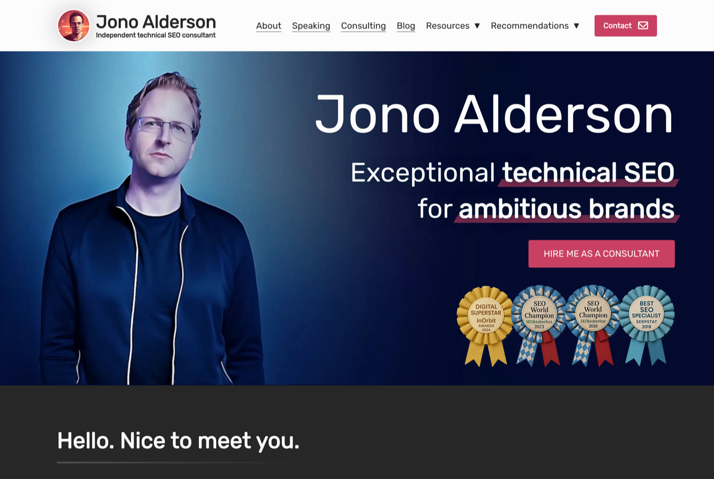 Jono Alderson 的官网 jonoalderson.com 截图——独立技术 SEO 顾问 · 结构化数据与 Web 标准——来源：jonoalderson.com