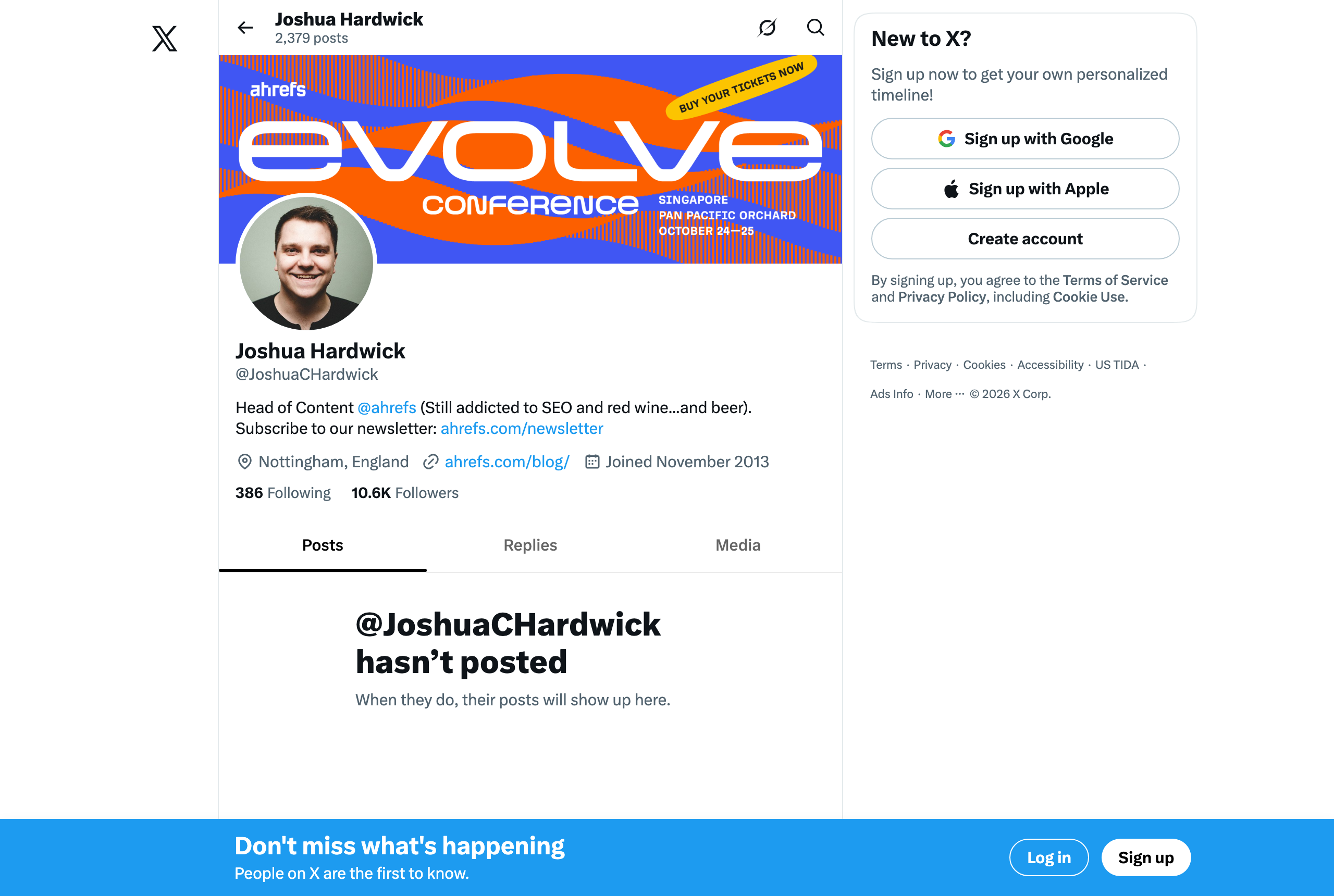 Joshua Hardwick's X profile @JoshuaCHardwick — GEO/AEO expert followed in GEOly's Expert Watch — source: x.com