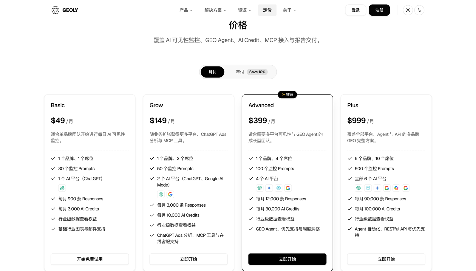 GEOly 套餐一览(月付;年付立省 10%)· 详见 www.geoly.ai/zh/pricing —— 来源:www.geoly.ai
