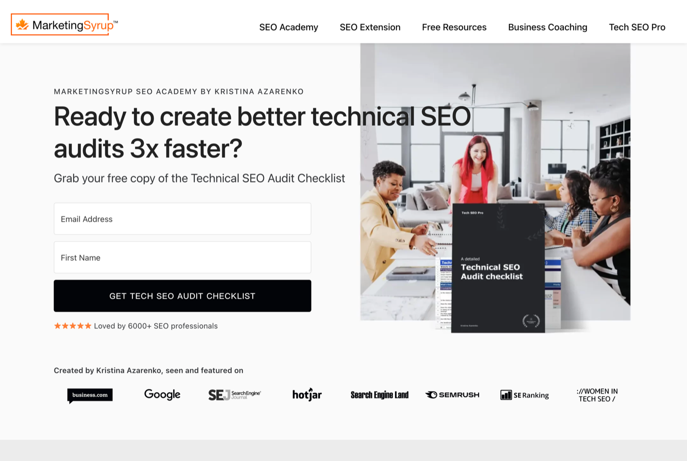 Kristina Azarenko 的官网 marketingsyrup.com 截图——MarketingSyrup SEO Academy 创始人 · 技术与电商 SEO——来源:marketingsyrup.com
