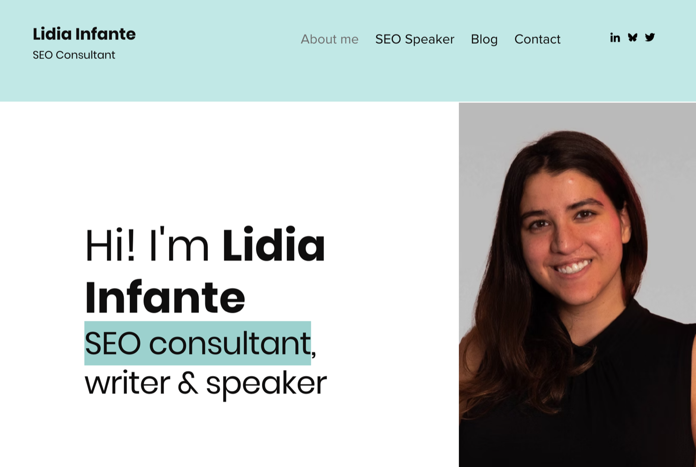Lidia Infante 的官网 lidia-infante.com 截图——SurveyMonkey SEO 负责人 · 电商与 AI 搜索——来源：lidia-infante.com
