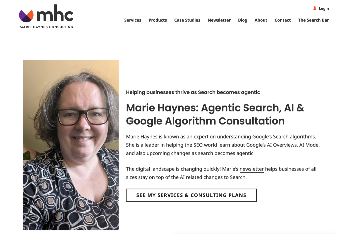 Marie Haynes 的官网 mariehaynes.com 截图——MHC 创始人 · Google 质量与算法分析师——来源：mariehaynes.com