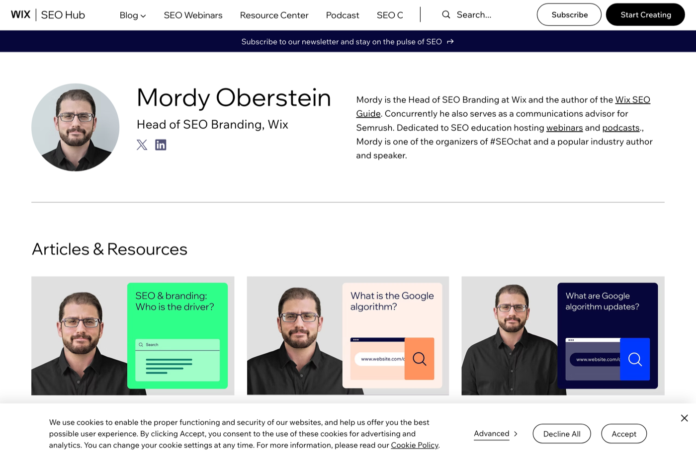 Mordy Oberstein 的官网 wix.com 截图——品牌优先 SEO 布道者 · 前 Wix SEO 负责人——来源：wix.com