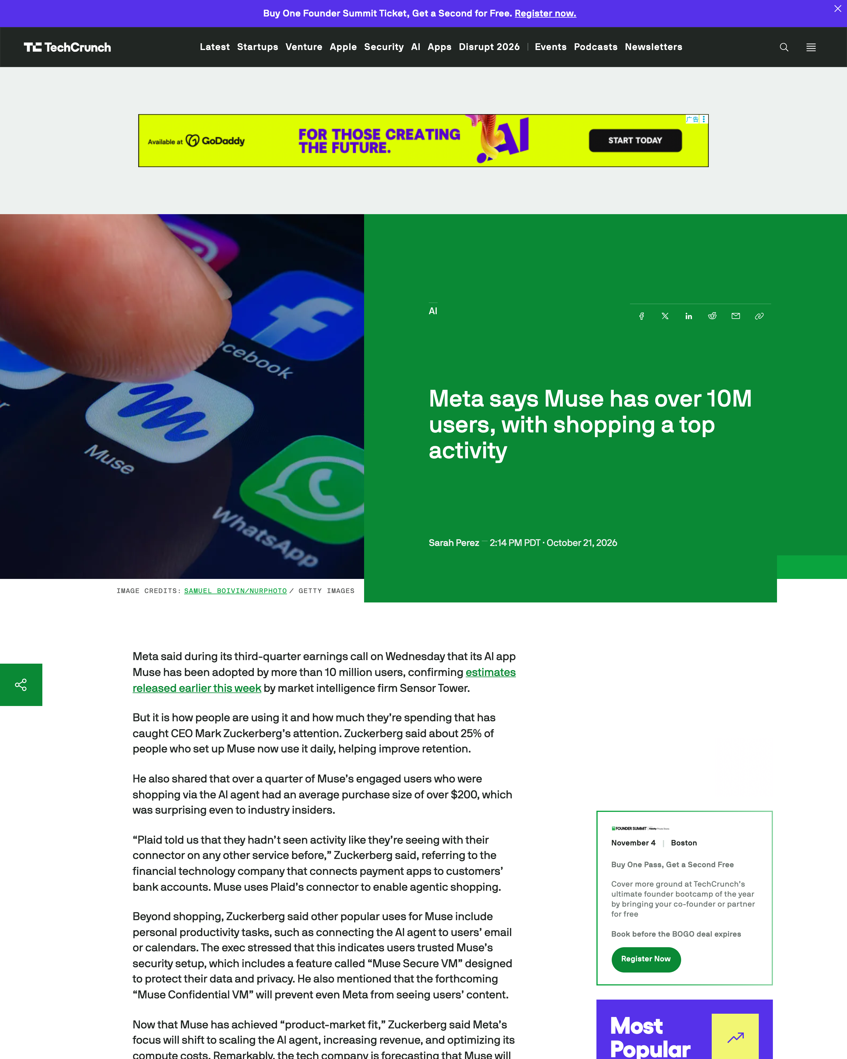 図 1 — TechCrunch 2026 年 10 月 21 日報道：Muse のユーザーが 1,000 万人を突破、ショッピングがトップ用途に。