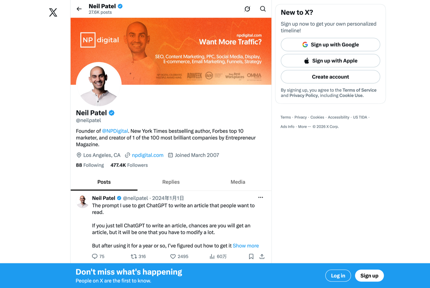 Neil Patel 的 X 主页 @neilpatel——GEOly 专家观察收录的 GEO/AEO 专家——来源:x.com