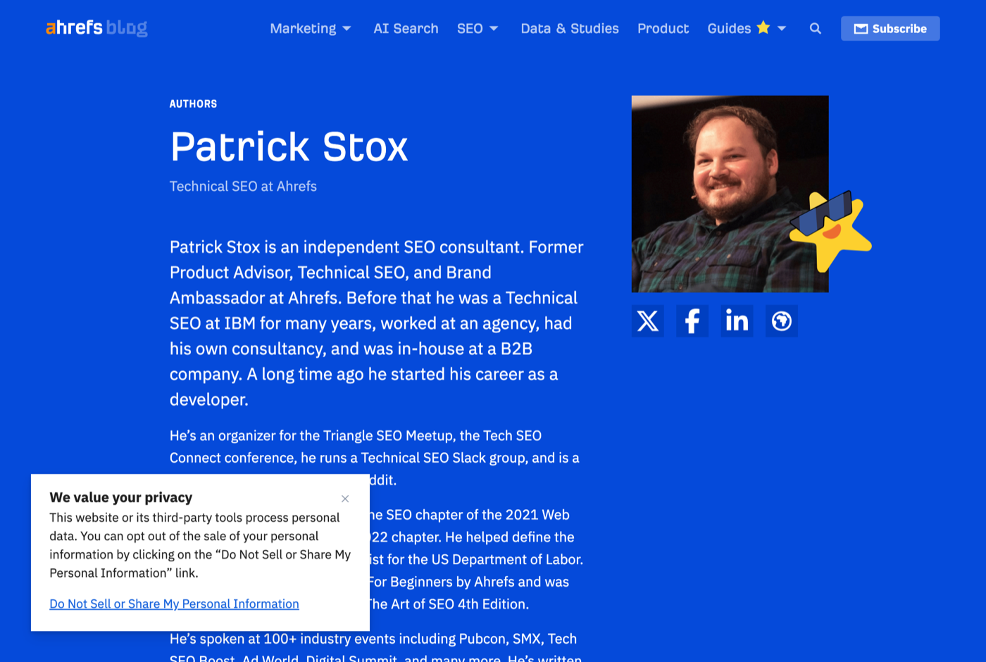 Patrick Stox 的官网 ahrefs.com 截图——Ahrefs 产品布道者 · 技术与企业 SEO——来源:ahrefs.com