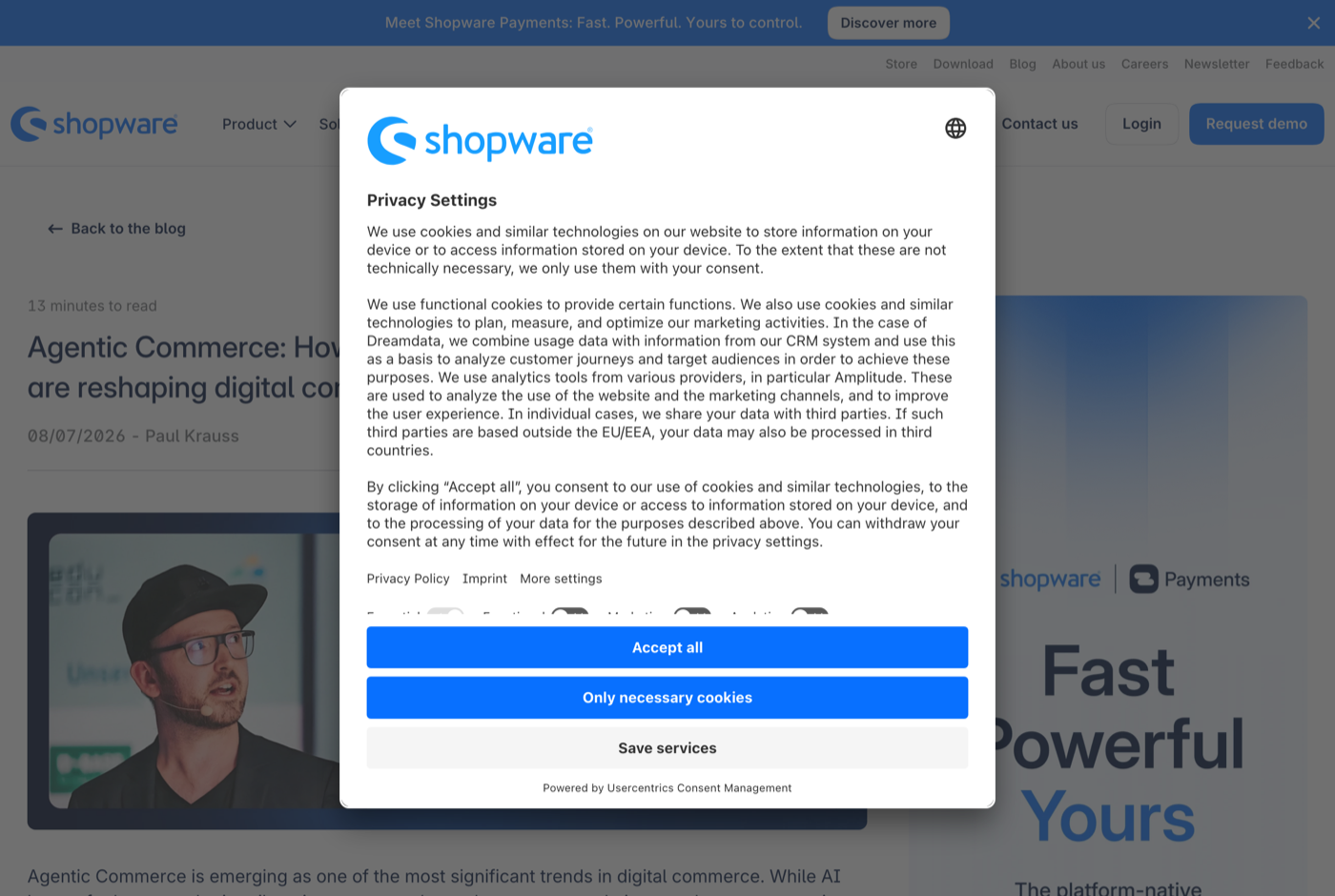 Paul Krauss 的官网 shopware.com 截图——Team One AI 合伙人 · 代理式商务——来源:shopware.com