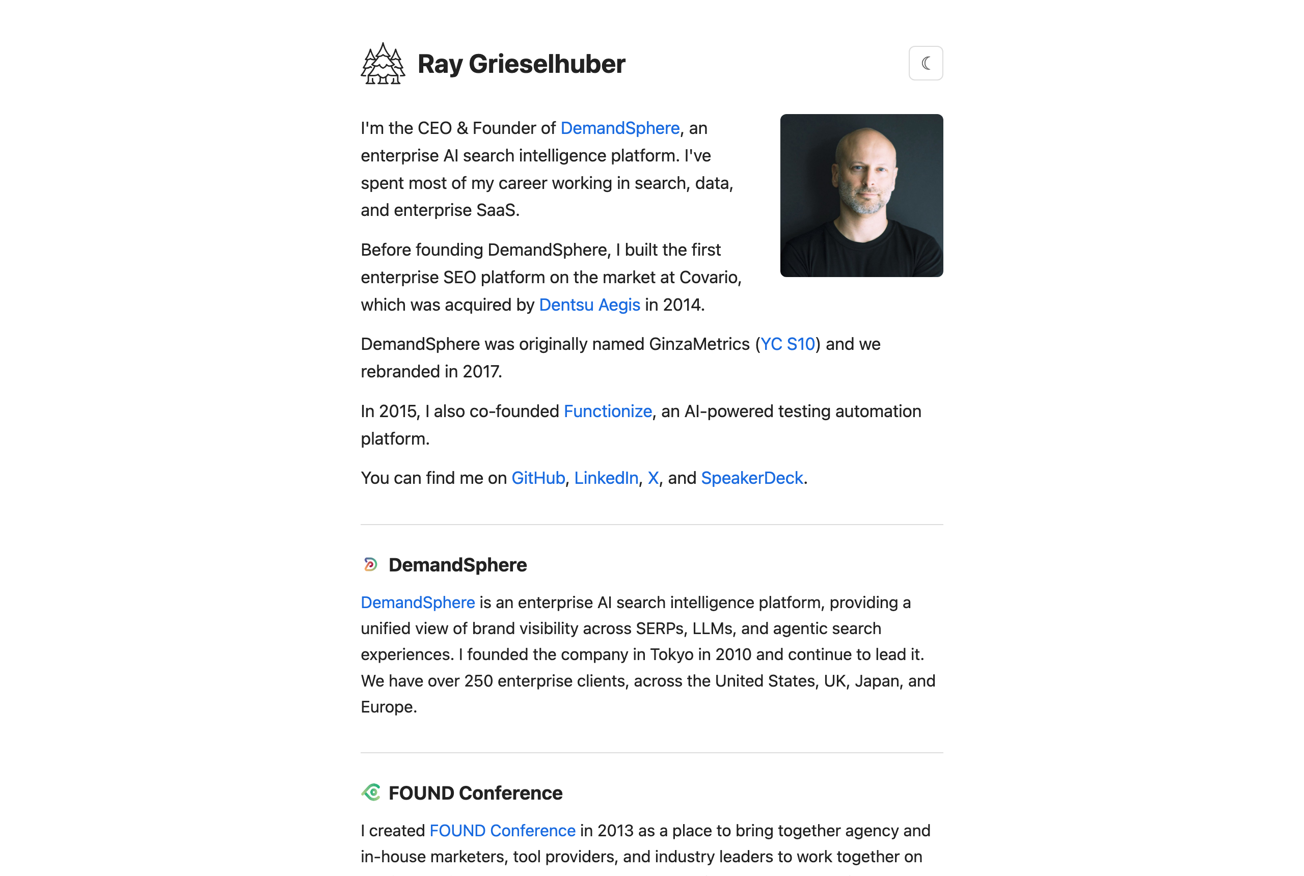 Ray Grieselhuber's site raygrieselhuber.com — Founder & CEO, DemandSphere · Enterprise AEO Analytics — source: raygrieselhuber.com