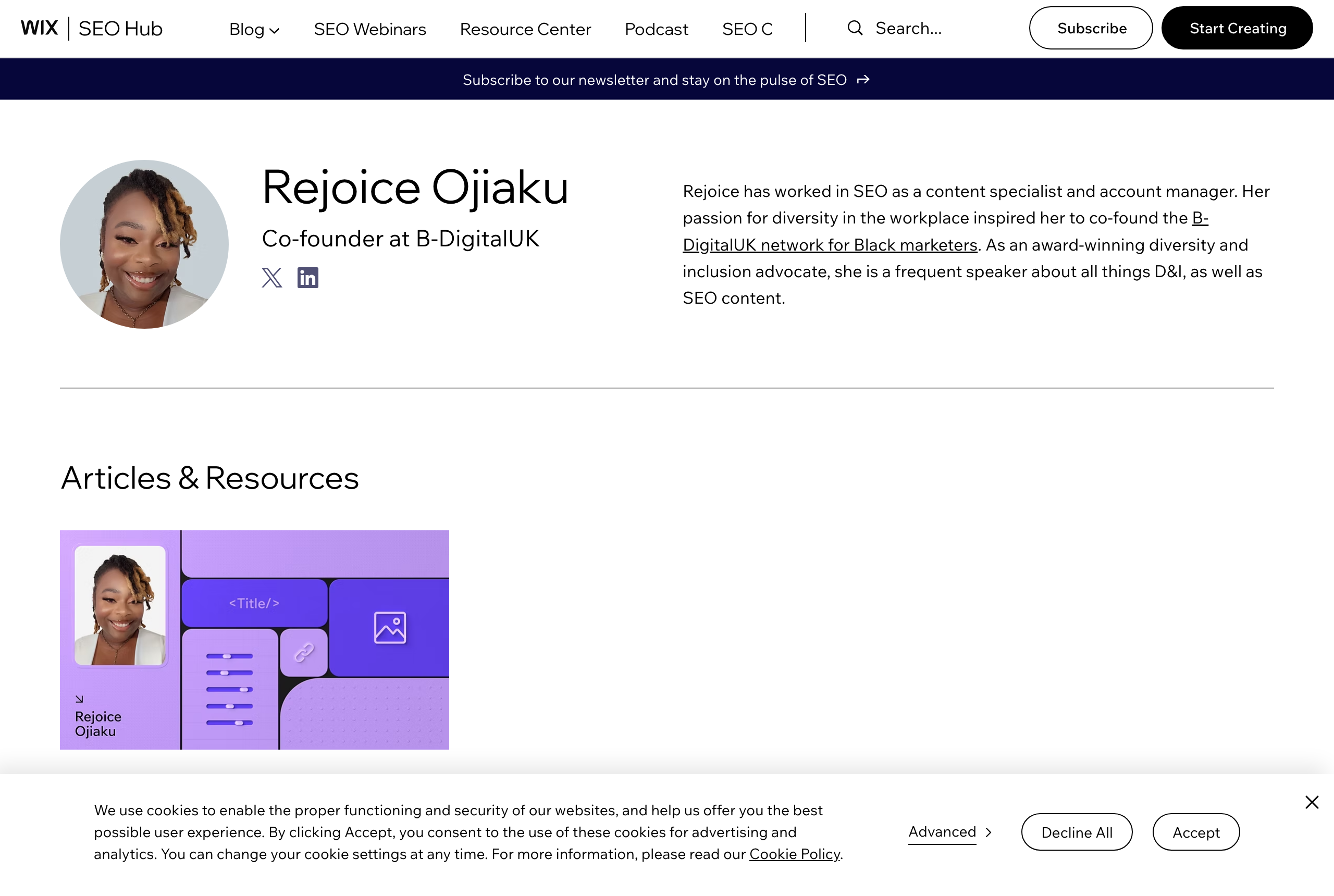 Rejoice Ojiaku's site wix.com — SEO & Content Strategist, Wise · Co-founder, B-DigitalUK — source: wix.com